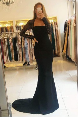 Long Black Mermaid Lace Prom Dresses Formal Evening Gowns 901615