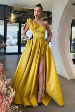 A-Line One Shoulder Long Prom Dresses Formal Evening Gowns 901619