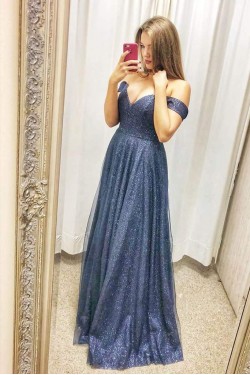 A-Line Sparkle Off the Shoulder Prom Dresses Formal Evening Gowns 901621