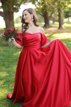 Long Red Off the Shoulder Satin Prom Dresses Formal Evening Gowns 901636