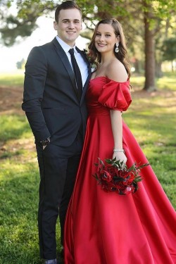 Long Red Off the Shoulder Satin Prom Dresses Formal Evening Gowns 901636