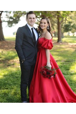 Long Red Off the Shoulder Satin Prom Dresses Formal Evening Gowns 901636