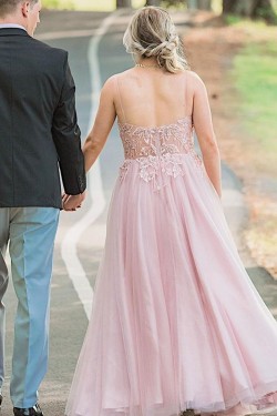 A-Line Long Pink Beaded Lace Prom Dresses Formal Evening Gowns 901637