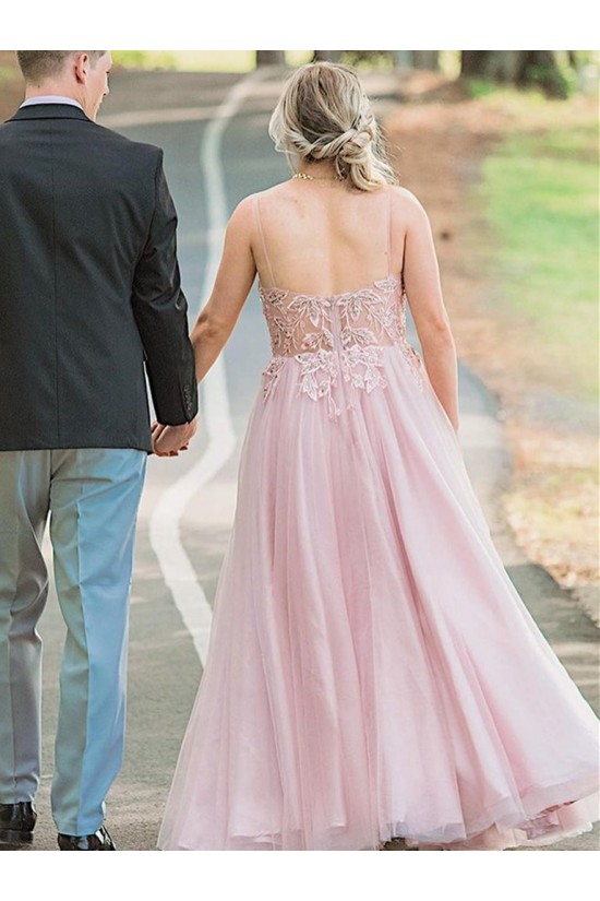 A-Line Long Pink Beaded Lace Prom Dresses Formal Evening Gowns 901637