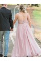 A-Line Long Pink Beaded Lace Prom Dresses Formal Evening Gowns 901637
