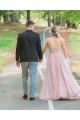 A-Line Long Pink Beaded Lace Prom Dresses Formal Evening Gowns 901637