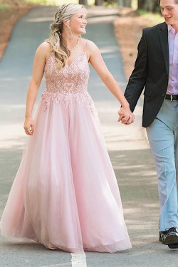 A-Line Long Pink Beaded Lace Prom Dresses Formal Evening Gowns 901637