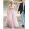 A-Line Long Pink Beaded Lace Prom Dresses Formal Evening Gowns 901637