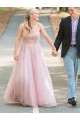 A-Line Long Pink Beaded Lace Prom Dresses Formal Evening Gowns 901637