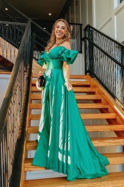 A-Line Long Green Off the Shoulder Prom Dresses Formal Evening Gowns 901638