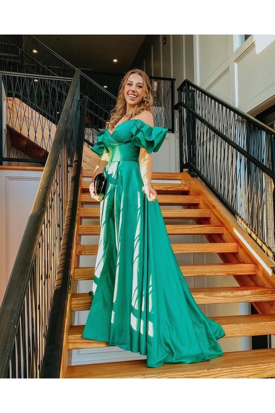 A-Line Long Green Off the Shoulder Prom Dresses Formal Evening Gowns 901638