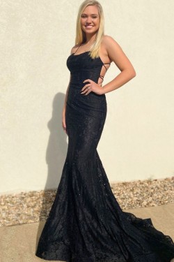 Elegant Mermaid Long Black Lace Prom Dresses Formal Evening Gowns 901642