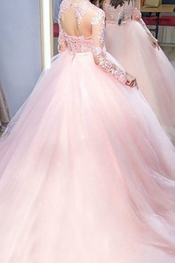 Long Pink Lace and Tulle Prom Dresses Formal Evening Gowns 901666