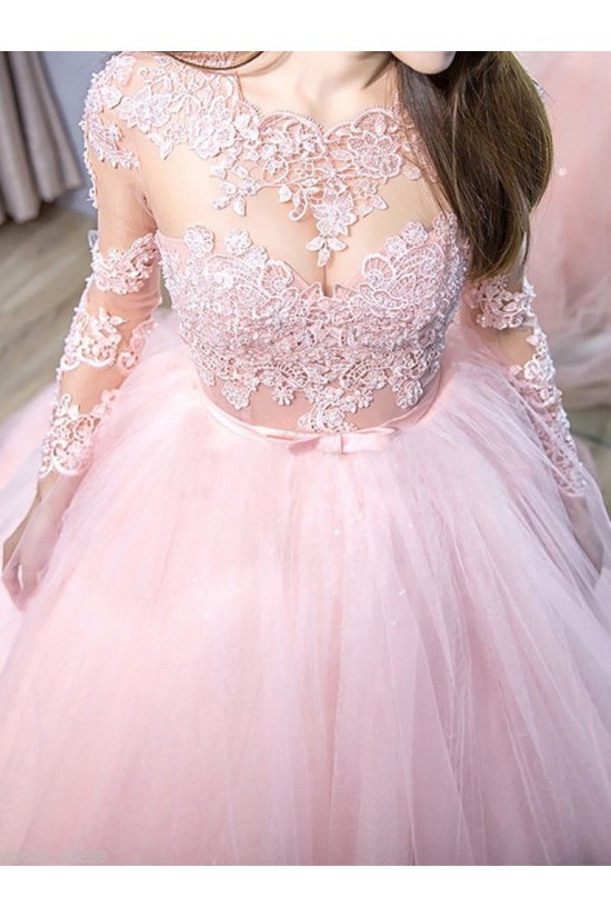 Long Pink Lace and Tulle Prom Dresses Formal Evening Gowns 901666