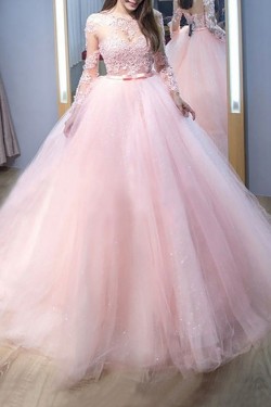 Long Pink Lace and Tulle Prom Dresses Formal Evening Gowns 901666