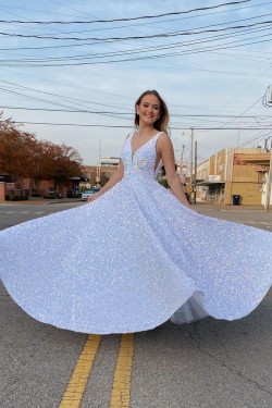 A-Line Sparkle Sequin Long Prom Dresses Formal Evening Gowns 901668
