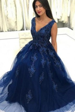 Long Navy Blue Lace and Tulle Prom Dresses Formal Evening Gowns 901669