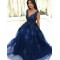 Long Navy Blue Lace and Tulle Prom Dresses Formal Evening Gowns 901669