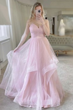 Long Pink Sparkle Tulle Prom Dresses Formal Evening Gowns 901671