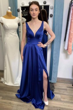 Long Royal Blue V Neck Prom Dresses Formal Evening Gowns 901672