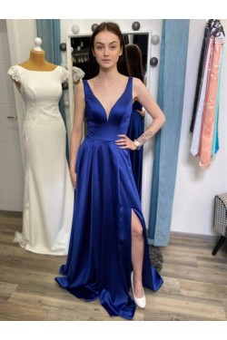 Long Royal Blue V Neck Prom Dresses Formal Evening Gowns 901672