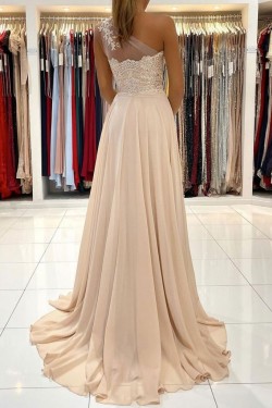 Long Chiffon and Lace One Shoulder Prom Dresses Formal Evening Gowns 901673