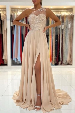 Long Chiffon and Lace One Shoulder Prom Dresses Formal Evening Gowns 901673