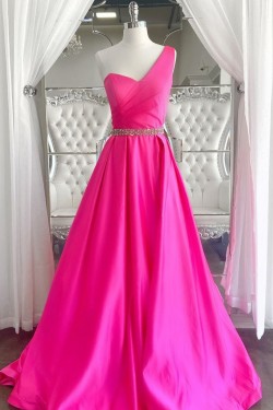 Long Fuchsia Beaded One Shoulder Prom Dresses Formal Evening Gowns 901674