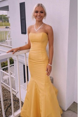 Long Yellow Mermaid Strapless Prom Dresses Formal Evening Gowns 901675