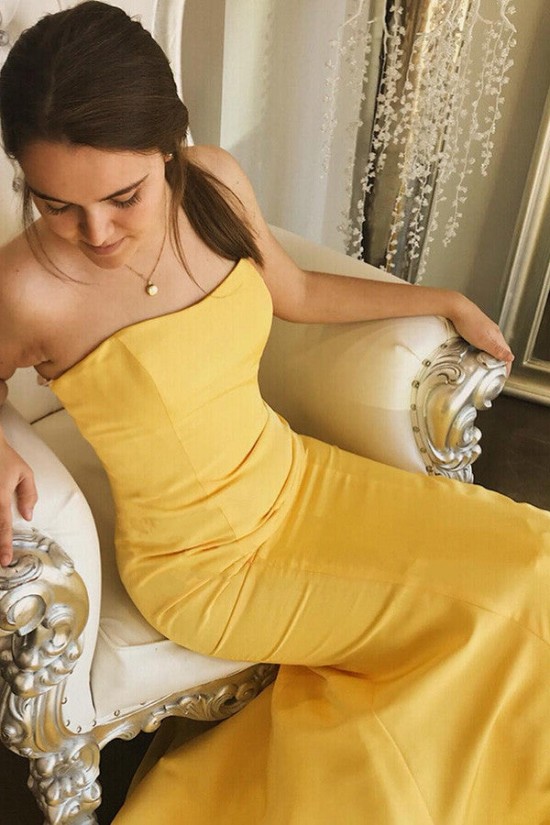 Long Yellow Mermaid Strapless Prom Dresses Formal Evening Gowns 901675