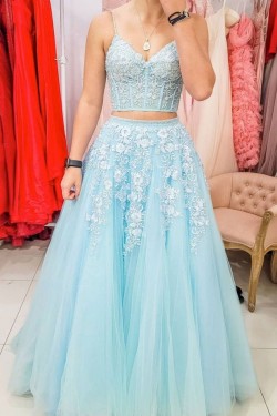 Long Blue Two Pieces Lace Prom Dresses Formal Evening Gowns 901677