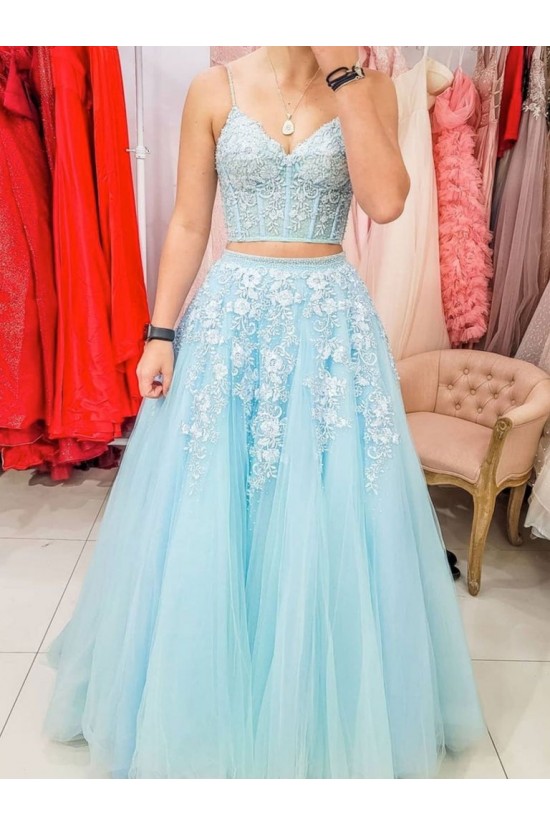 Long Blue Two Pieces Lace Prom Dresses Formal Evening Gowns 901677