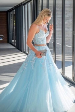 Long Blue Two Pieces Lace Prom Dresses Formal Evening Gowns 901677