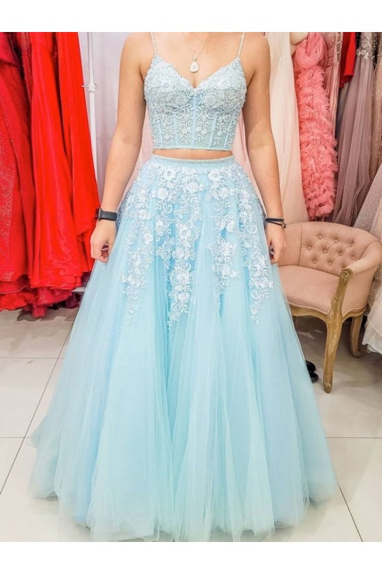 Long Blue Two Pieces Lace Prom Dresses Formal Evening Gowns 901677 Long Blue Two Pieces Lace Prom Dresses Formal Evening Gowns 901677