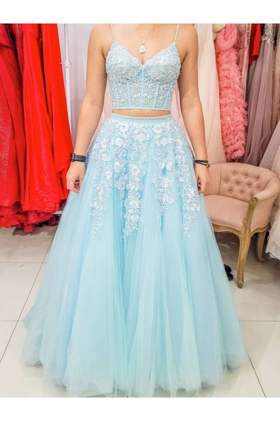 Long Blue Two Pieces Lace Prom Dresses Formal Evening Gowns 901677