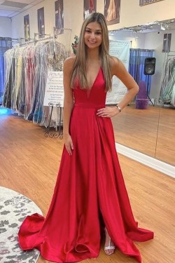 Long Red V Neck Prom Dresses Formal Evening Gowns 901678