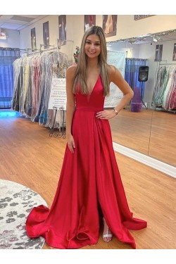Long Red V Neck Prom Dresses Formal Evening Gowns 901678