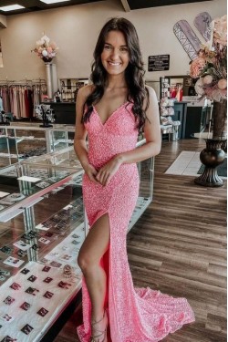 Long Pink Sequin Mermaid Prom Dresses Formal Evening Gowns 901683