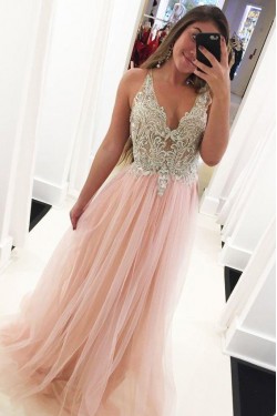Long Pink Lace and Tulle Prom Dresses Formal Evening Gowns 901685