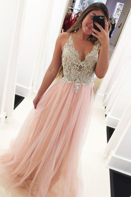 Long Pink Lace and Tulle Prom Dresses Formal Evening Gowns 901685 Long Pink Lace and Tulle Prom Dresses Formal Evening Gowns 901685