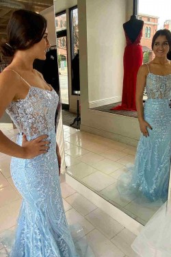 Long Blue Sequin Prom Dresses Formal Evening Gowns 901687