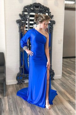 Long Royal Blue One Shoulder Prom Dresses Formal Evening Gowns 901688