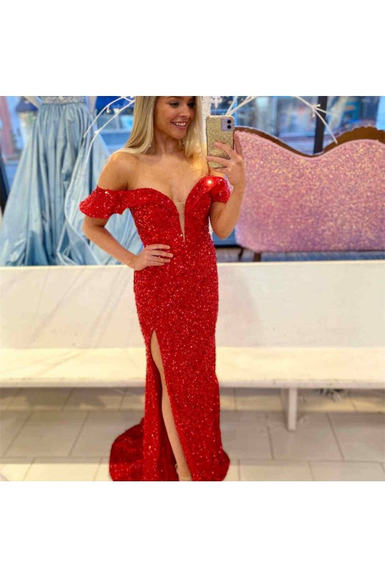 Long Red Sequin Off the Shoulder Prom Dresses Formal Evening Gowns 901689 Long Red Sequin Off the Shoulder Prom Dresses Formal Evening Gowns 901689