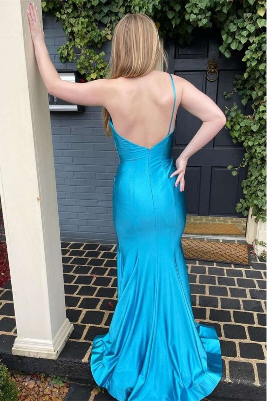 Long Blue One Shoulder Prom Dresses Formal Evening Gowns 901691