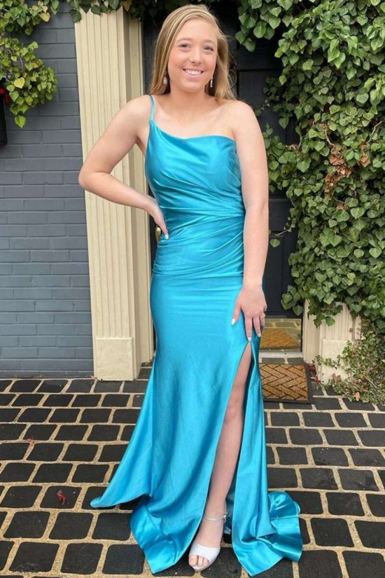 Long Blue One Shoulder Prom Dresses Formal Evening Gowns 901691