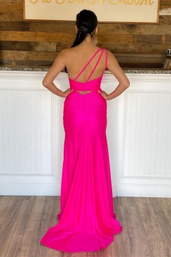 Long Pink One Shoulder Prom Dresses Formal Evening Gowns 901705