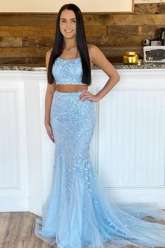 Long Blue Two Pieces Lace Prom Dresses Formal Evening Gowns 901707