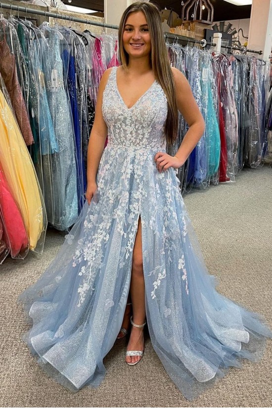 A-Line Lace V Neck Prom Dresses Formal Evening Gowns 901713