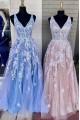 A-Line Lace V Neck Prom Dresses Formal Evening Gowns 901713