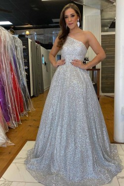 A-Line One Shoulder Sparkle Sequin Prom Dresses Formal Evening Gowns 901714